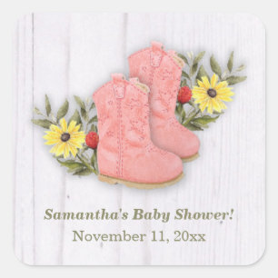 Sticker Carré Petite fille Bootie Baby shower Blanc Bois