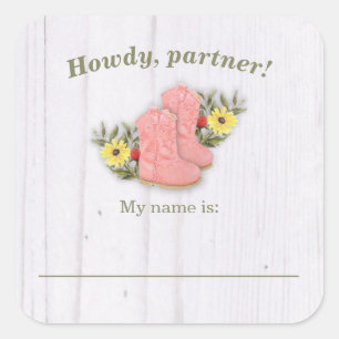 Sticker Carré Petite fille Bootie Nom du Baby shower Balise Blan