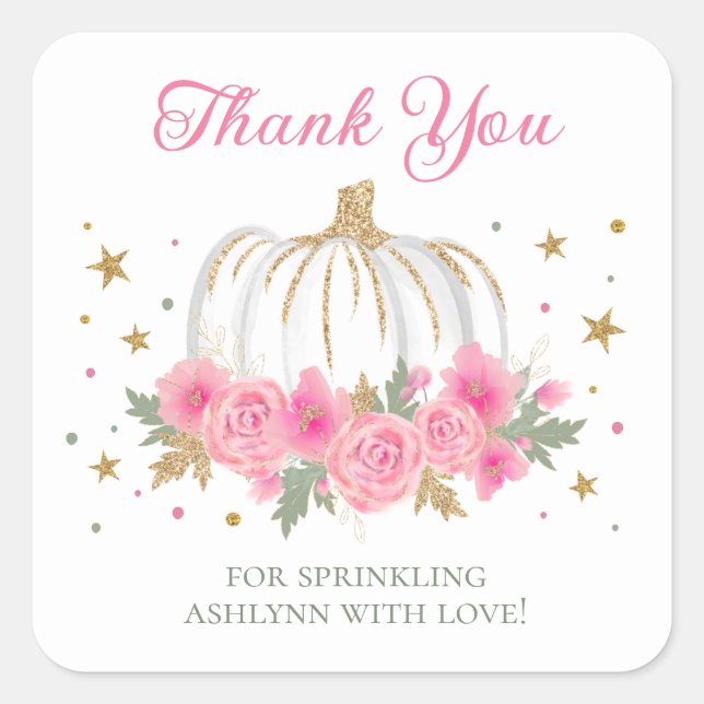 Sticker Carré Petite fille Citrouille Bébé Saupoudrer Merci (Devant)