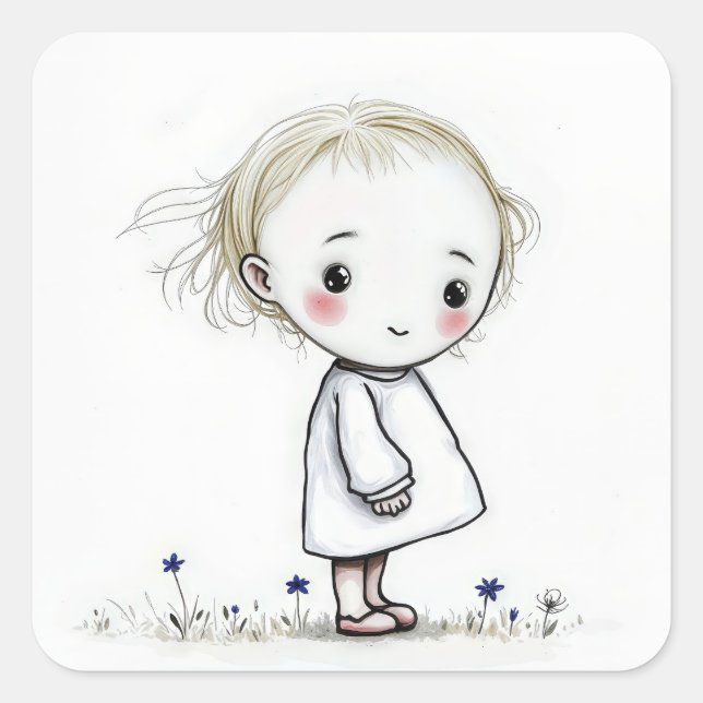 Sticker Carré Petite Fille En Croquis Fleur sauvage (Devant)