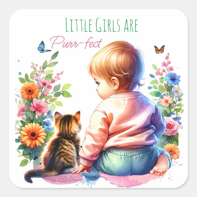 Sticker Carré Petite fille et chaton | Baby shower aquarelle (Devant)