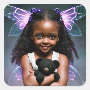 Sticker Carré Petite fille fée mignonne avec ours en peluche