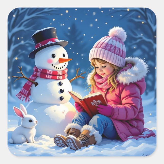 Sticker Carré Petite fille Lire une histoire à un Noël de Snowma (Devant)