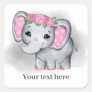 Sticker Carré petite fille mignonne éléphant ajouter du texte n'