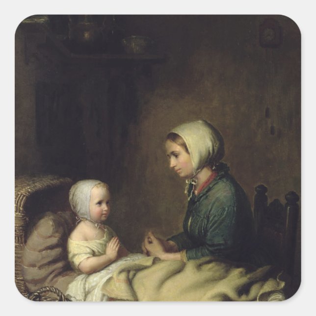 Sticker Carré Petite fille qui dit ses prières au lit (Devant)