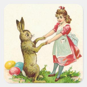 Sticker Carré Petite fille vintage Danse avec lapin Oeuf de Pâqu