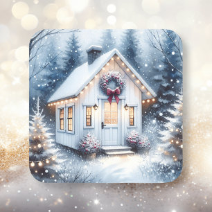 Sticker Carré Petite maison dans une Forêt Magique d'hiver Noël