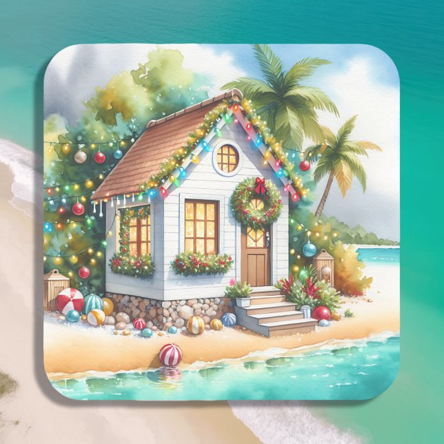 Sticker Carré Petite maison sur la plage Festive Noël (Créateur téléchargé)