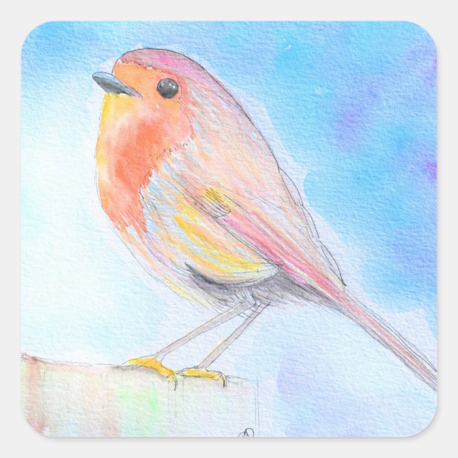 Sticker Carré Petite peinture à l'aquarelle Robin (Devant)