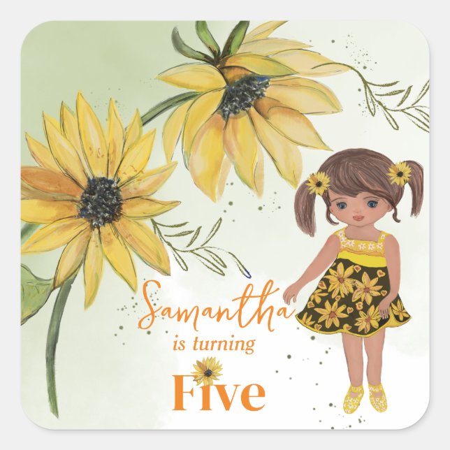 Sticker Carré Petite Tournesol Aquarelle Cinquième Fille Anniver (Devant)