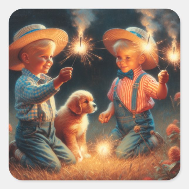 Sticker Carré Petits garçons jouant avec Firework Le 4 juillet (Devant)