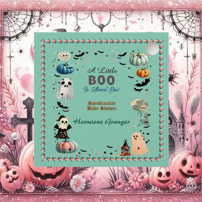 Sticker Carré Peu de BOO est dû Citrouille  Éffrayant Baby showe (Little BOO Is Due Ghost Pumpkin Spooky Baby Shower Square Sticker)