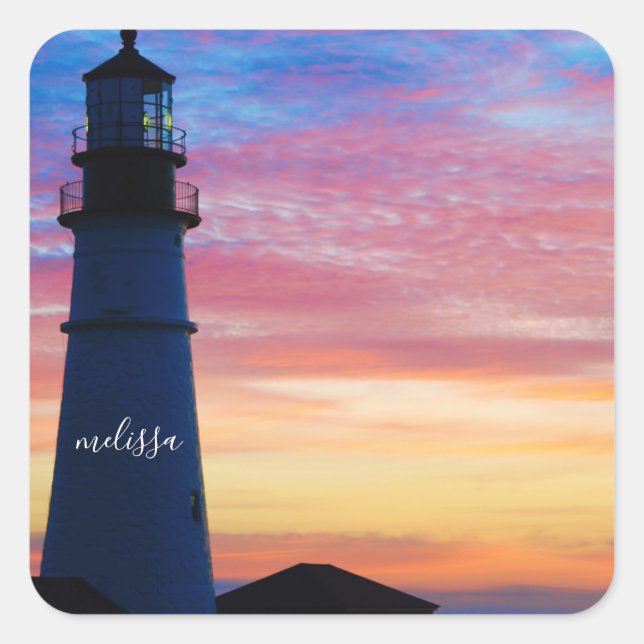 Sticker Carré Phare de Portland Head Sunrise Maine (Devant)