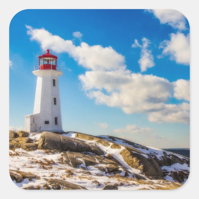 Sticker Carré Phare | Hiver À Peggy'S Cove, Nouvelle-Écosse (Devant)