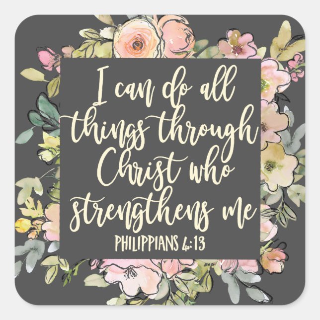 Sticker Carré Philippiens 4:13 Bible Verse Joli Pastel Floral (Devant)