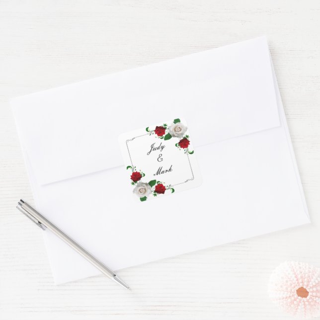 Sticker Carré Phoque Mariage de Noël Roses rouges et blanches (Enveloppe)