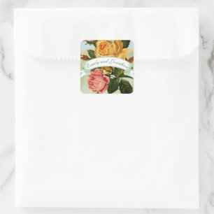 Sticker Carré Phoque Mariage rose vert et jaune à fleurs Rose