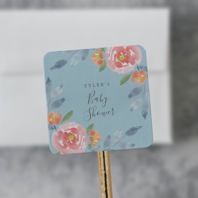 Sticker Carré Phoques d'enveloppe de Baby shower floral première (Créateur téléchargé)