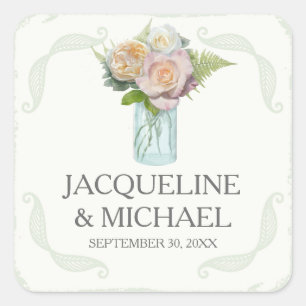 Sticker Carré Phoques Fleurs rustiques Mason Jar Typographie