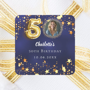 Sticker Carré Photo 50e anniversaire bleu marine étoiles dorées