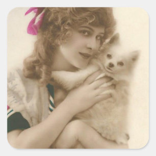 Sticker Carré Photo antique Victorian Woman and Dog