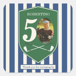Sticker Carré Photo Bleu Vintage Préparatoire Golfeur 50e Annive