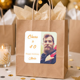 Sticker Carré Photo d'anniversaire blanc or cheers hommes