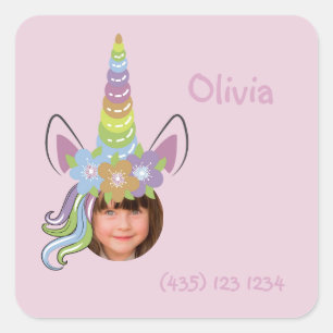 Sticker Carré Photo de chapeau de licorne rose nommée carré de r