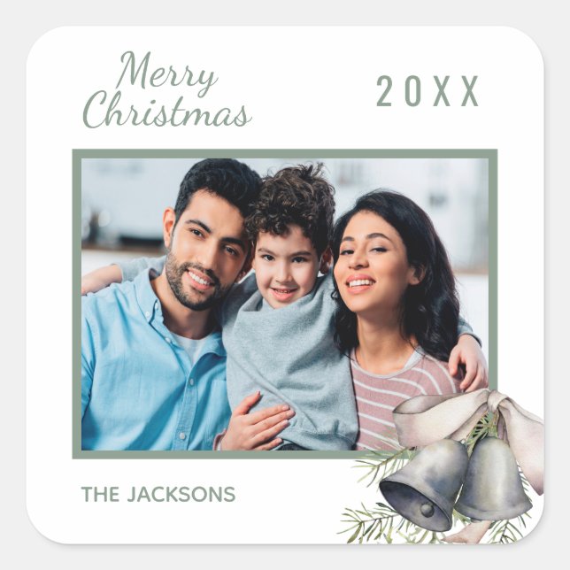 Sticker Carré Photo de famille de Noël blanc cloches vertes (Devant)