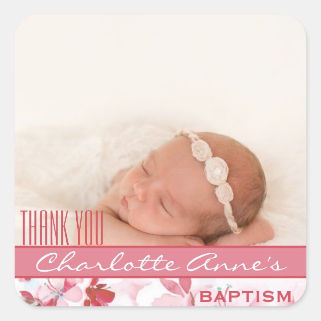 Sticker Carré Photo de fille Baptême Merci Favor | Floral rose (Devant)