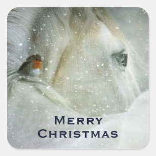 Sticker Carré Photo d'un magnifique cheval blanc en hiver