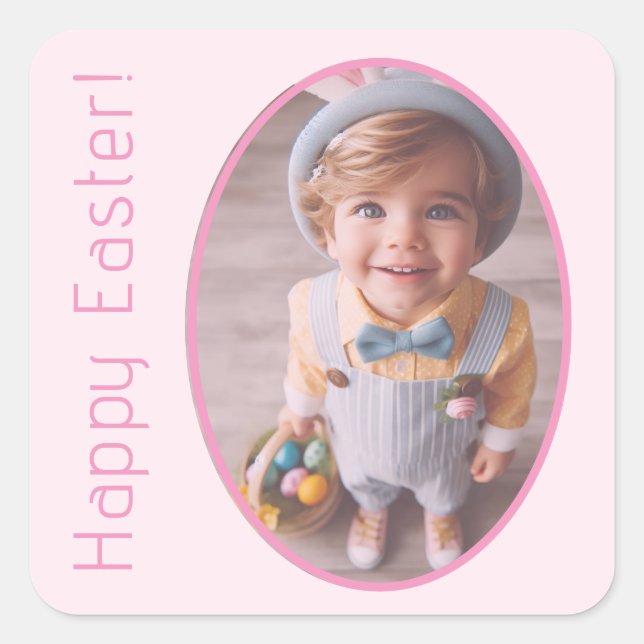 Sticker Carré Photo élégante Personnalisée Rose clair Joyeux Pâq (Devant)
