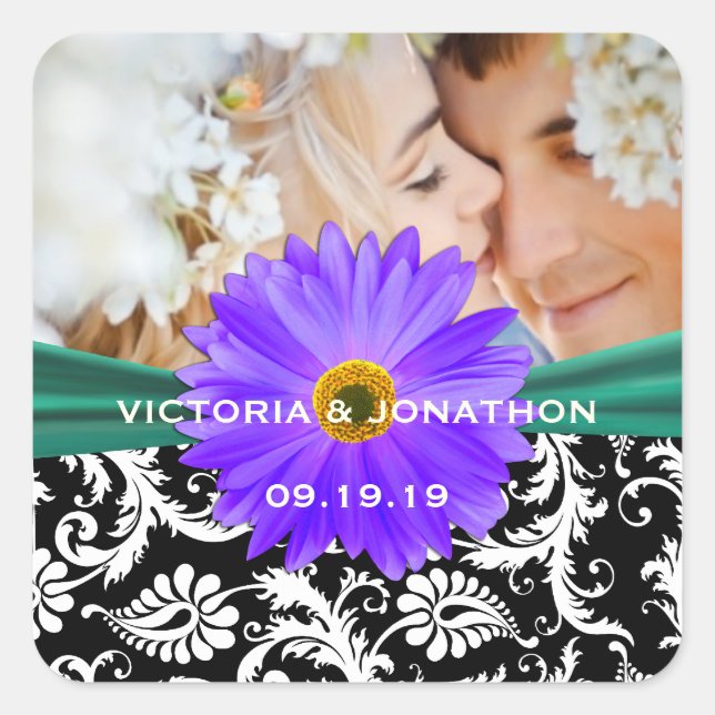 Sticker Carré Photo Emerald Green Purple Gerber Daisy Mariage (Devant)