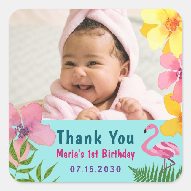 Sticker Carré Photo Flamingo 1st Birthday Thank You (Devant)