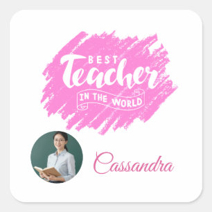 Sticker Carré Photo Meilleur Professeur au Monde Rose Aquarelle