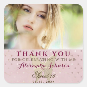 Sticker Carré Photo Merci , Fille Sweet 16 Rose Gold