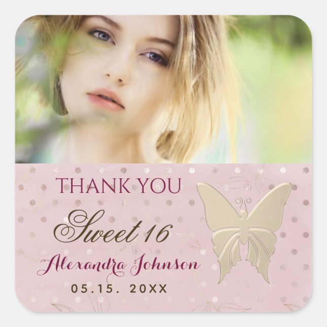 Sticker Carré Photo Merci Sweet 16 Rose Gold (Devant)