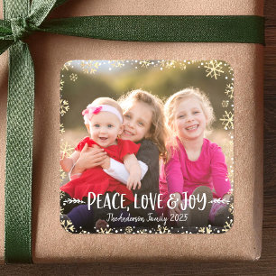 Sticker Carré Photo Paix Amour Joie Flocon de Neige Doré Élégant