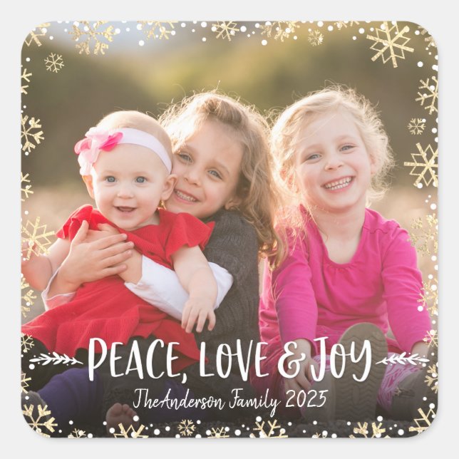 Sticker Carré Photo Peace Love Joy Gold Snowflake Elegant Custom (Devant)