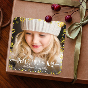 Sticker Carré Photo Peace Love Joy Gold Snowflakes Modern Custom