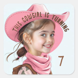 Sticker Carré Photo personnalisé Thème de cowgirl rose Anniversa