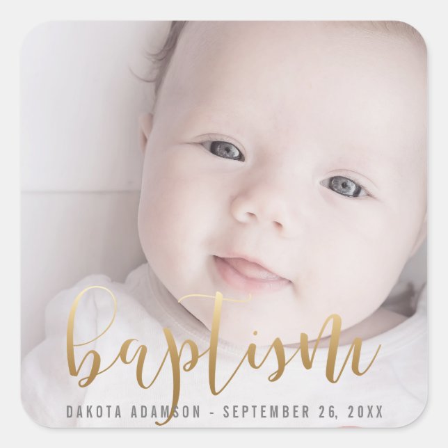 Sticker Carré Photo personnalisée | Baptême Gold Calligraphie (Devant)