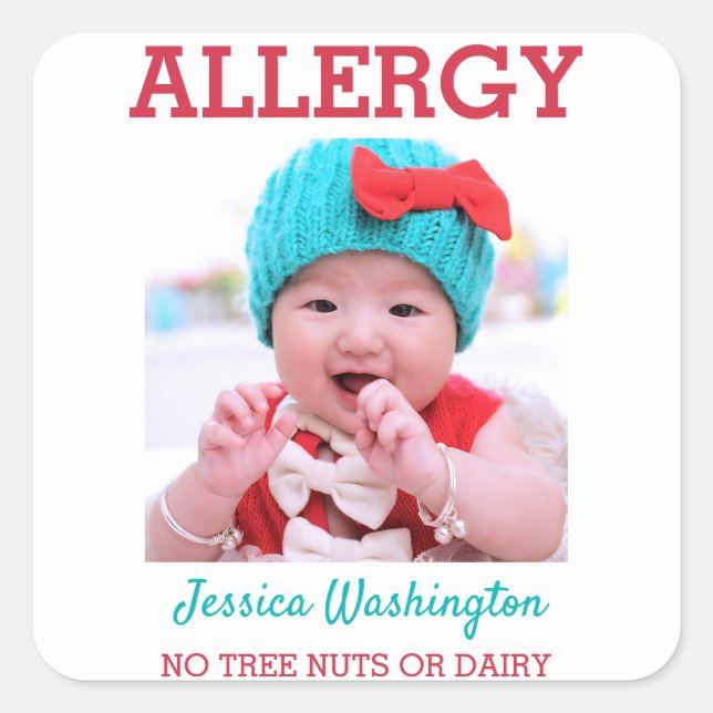 Sticker Carré Photo personnalisée Enfants Alerte d'allergie alim (Devant)