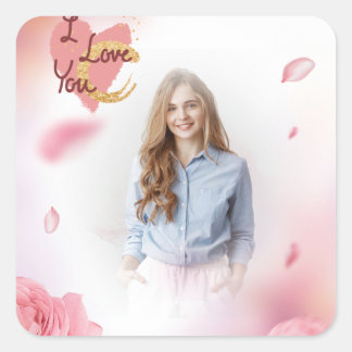 Sticker Carré Photo personnalisée - Rose Rose - Je t'aime