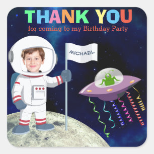 Sticker Carré Photo personnalisée Spaceman Anniversaire Merci