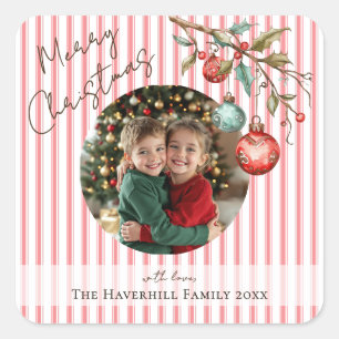 Sticker Carré Photo Pink Stripes & Ornements Joyeux Noël