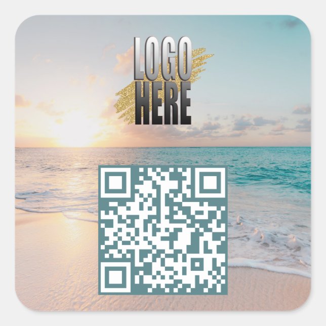 Sticker Carré Photo Plage Code QR Avec Logo Professionnel (Devant)