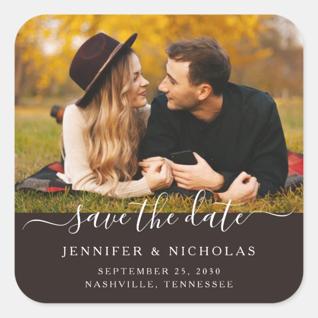 Sticker Carré Photo Script Wedding Enregistrer La Date (Devant)