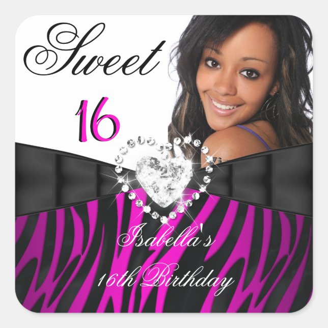 Sticker Carré Photo Zebra Pink Silver Sweet 16 Seize Anniversair (Devant)