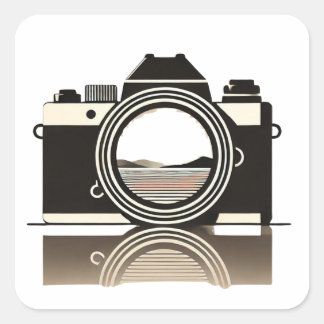 Sticker Carré Photography Minimalist Camera with Landscape Refle
